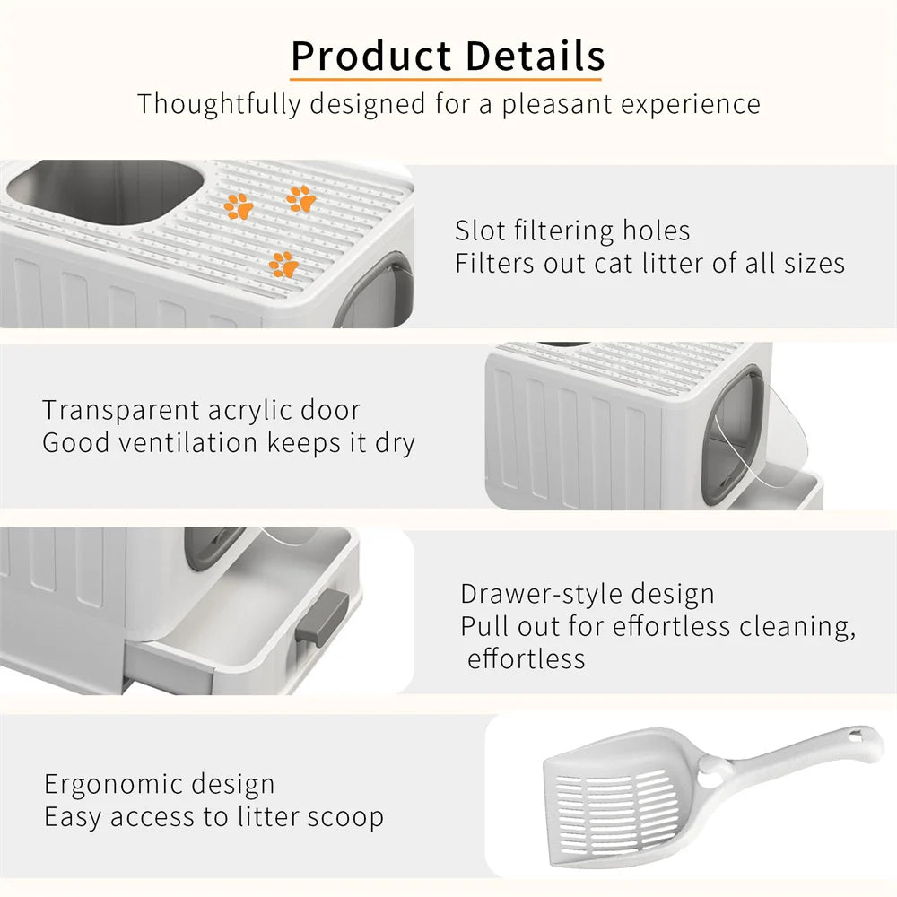 Large Enclosed Cat Litter Box with Drawer Scoop