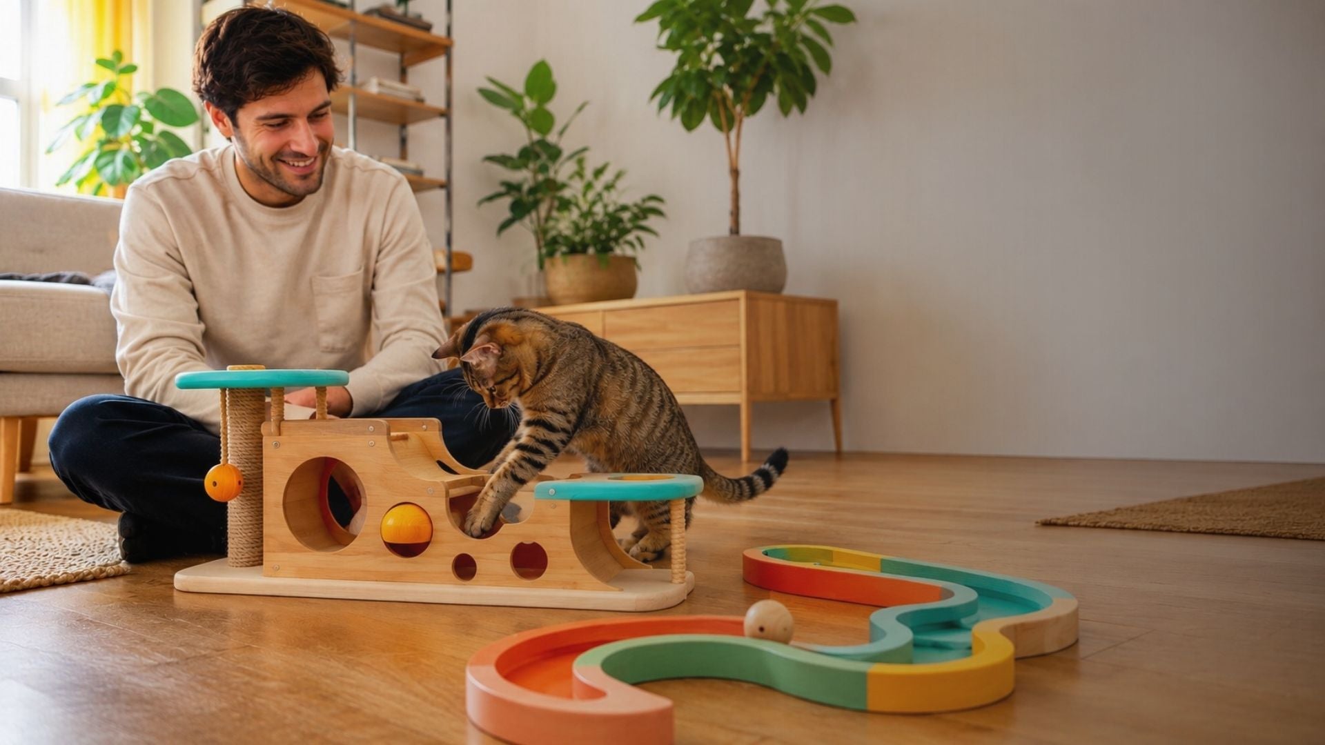 Man playing with a cat on a colorful wooden cat toy in a home setting
