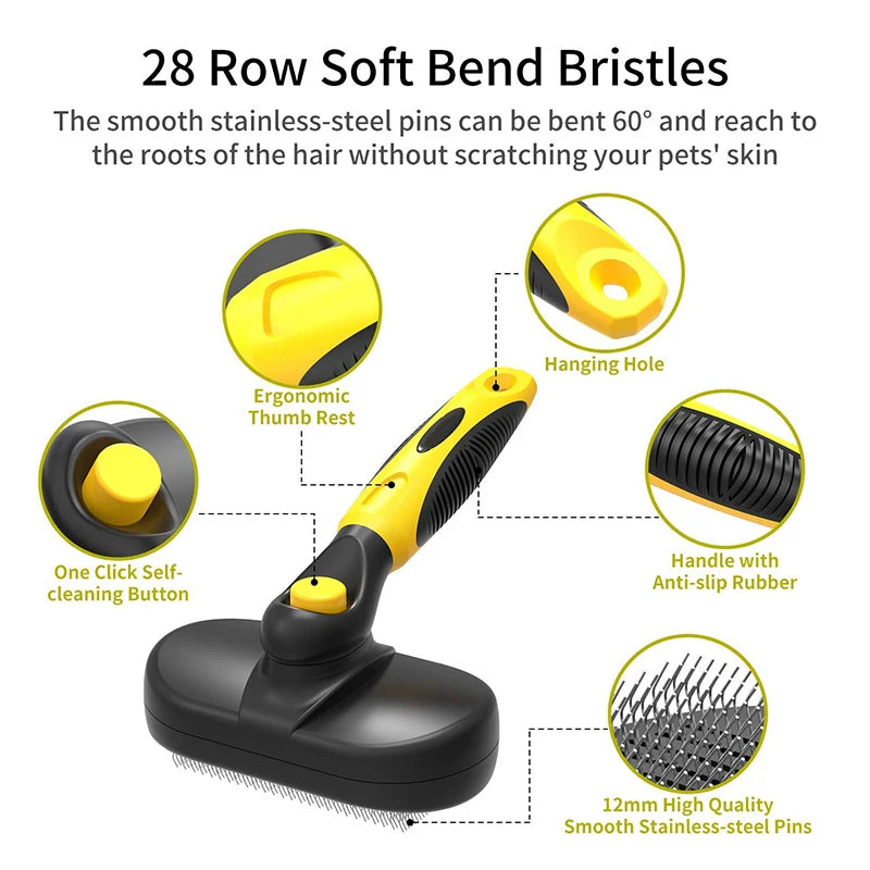 Self-Cleaning Pet Grooming Brush with Anti-Slip Handle