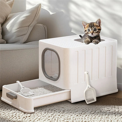 Large Enclosed Cat Litter Box with Drawer Scoop