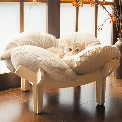 Raised Wooden Cat Bed with Soft Cushion Sofa