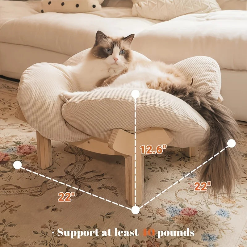 Raised Wooden Cat Bed with Soft Cushion Sofa