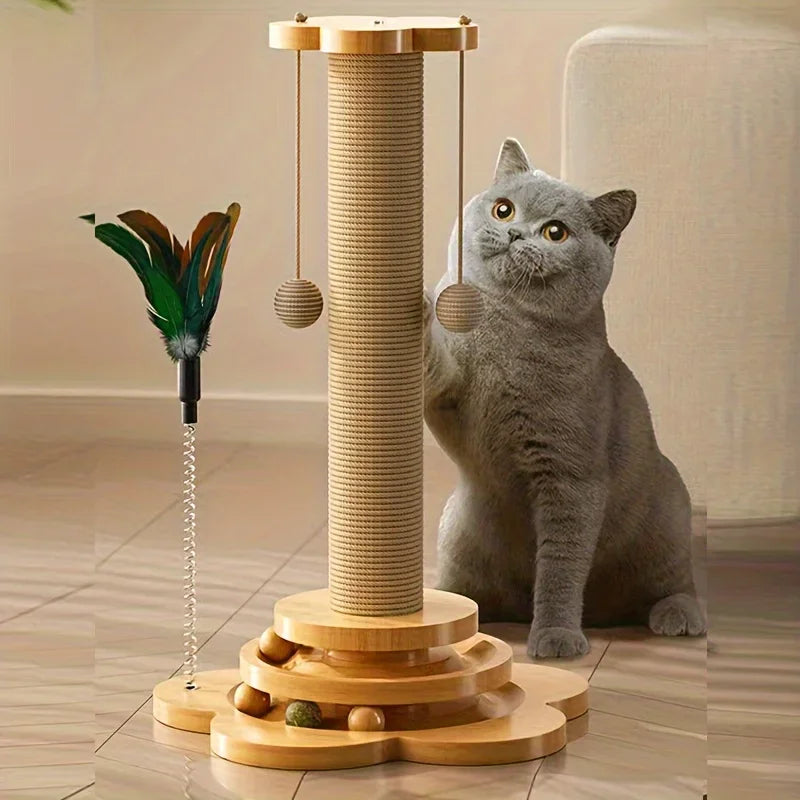 Solid Wood Cat Turntable Scratching Post with Teaser