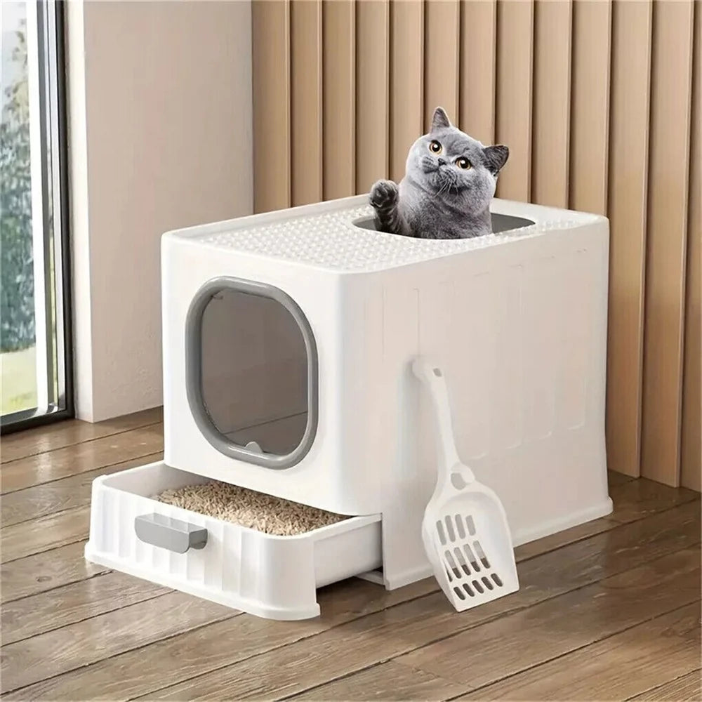 Large Enclosed Cat Litter Box with Drawer Scoop
