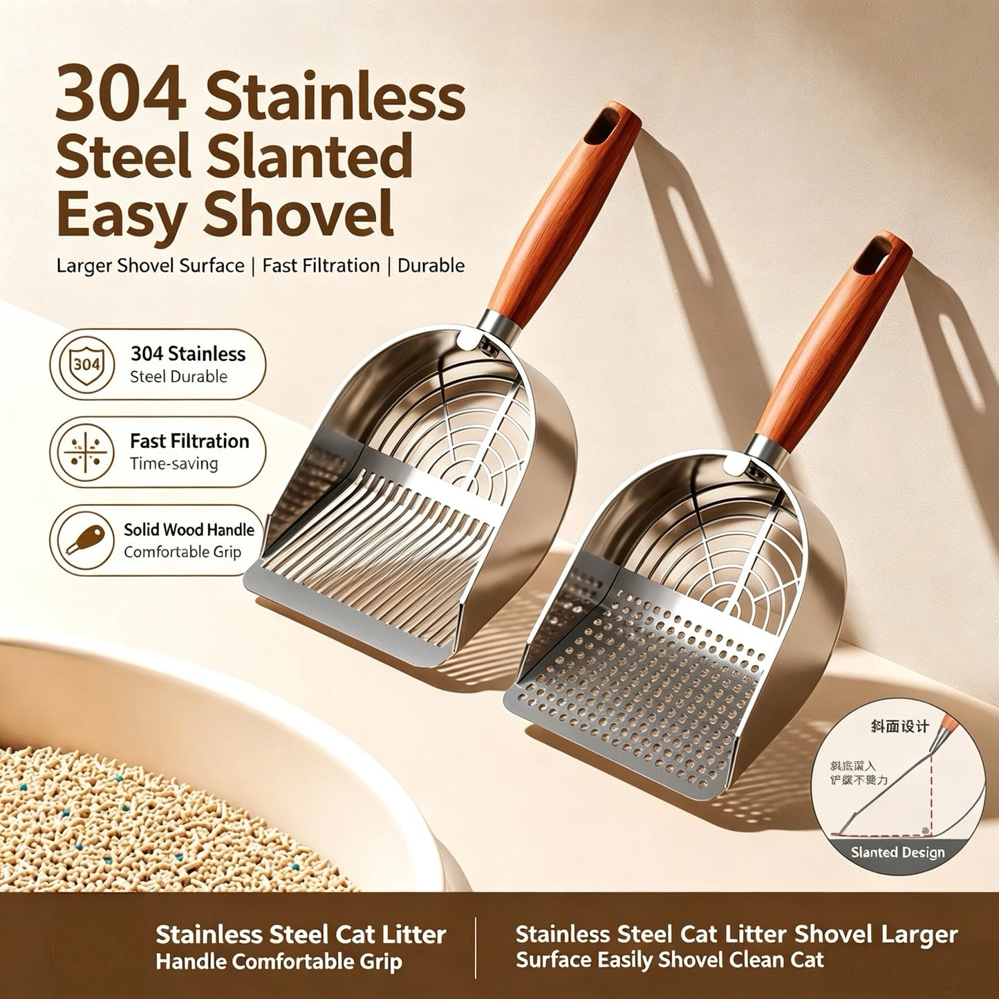 Stainless Steel Cat Litter Shovel with Long Handle