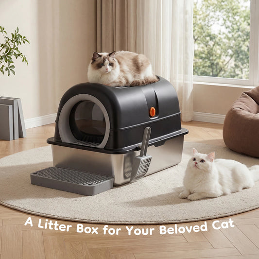 24-Inch Stainless Steel Enclosed Cat Litter Box Set