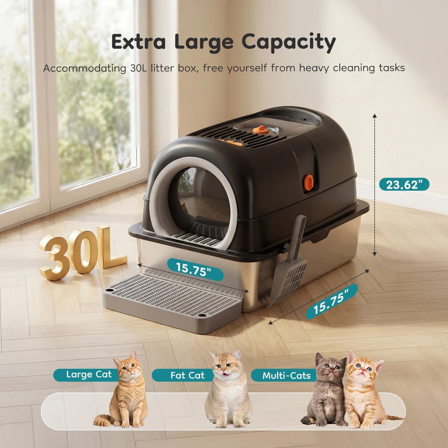24-Inch Stainless Steel Enclosed Cat Litter Box Set