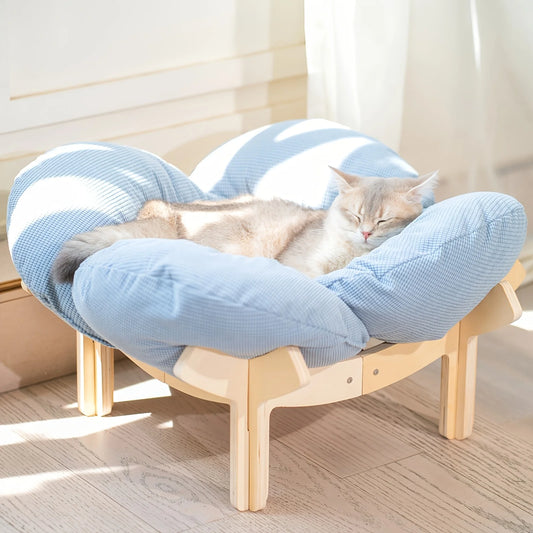 Raised Wooden Cat Bed with Soft Cushion Sofa