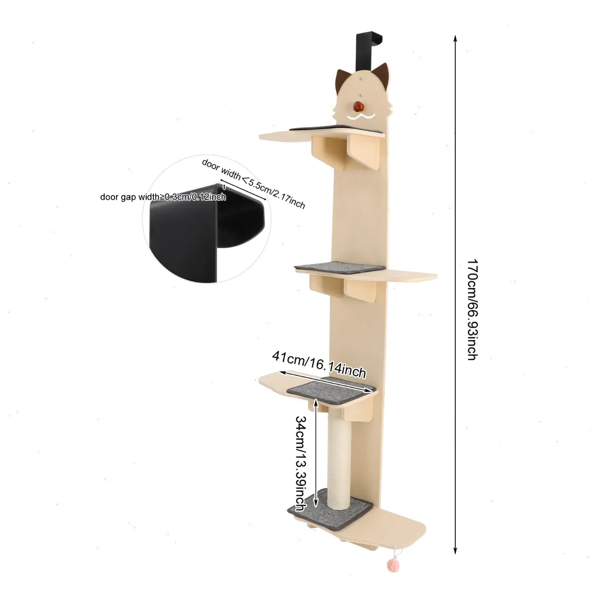 67-Inch Door Hanging Cat Tree with Four Tiers