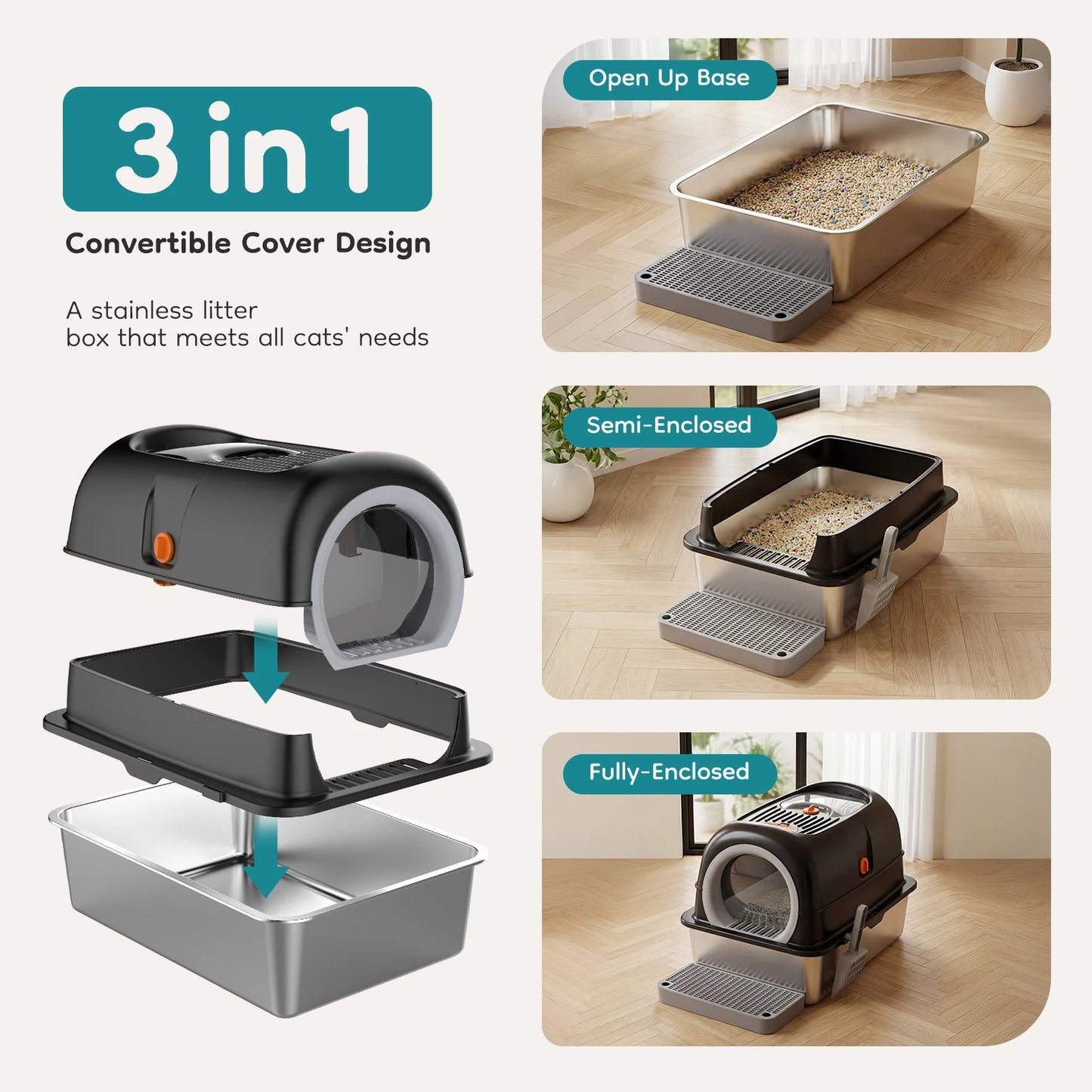 24-Inch Stainless Steel Enclosed Cat Litter Box Set