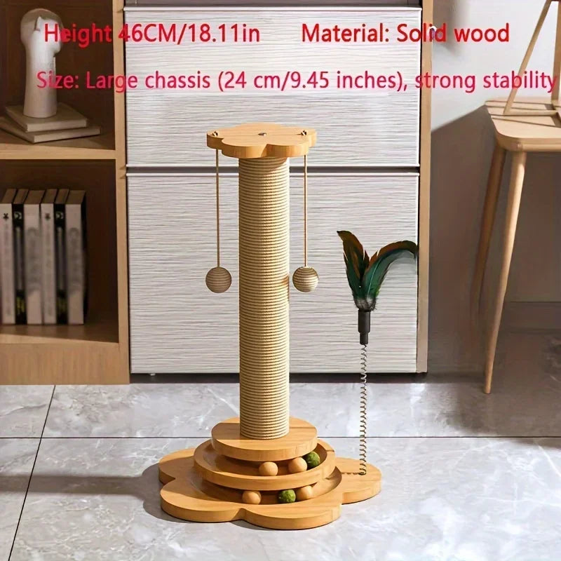Solid Wood Cat Turntable Scratching Post with Teaser