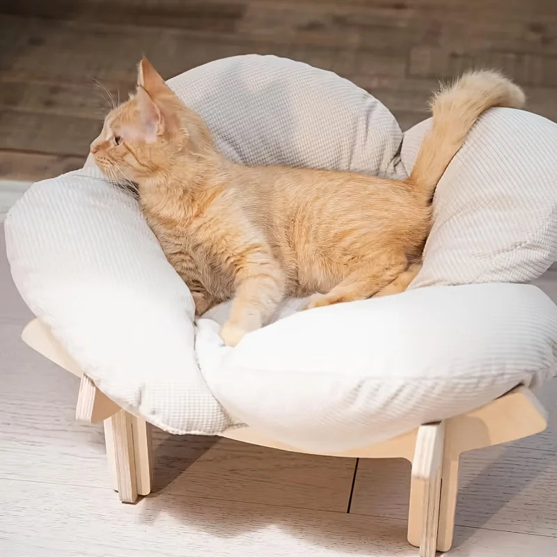 Raised Wooden Cat Bed with Soft Cushion Sofa