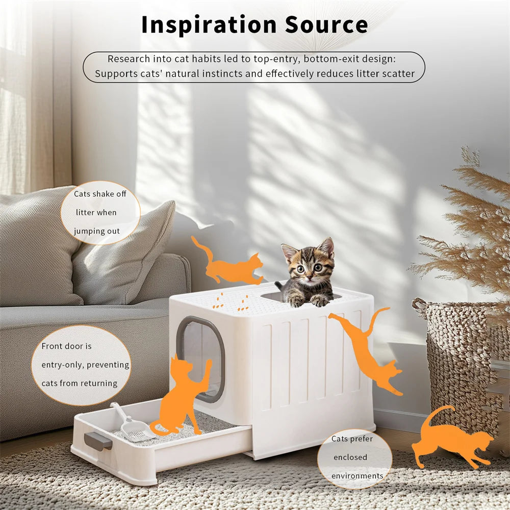 Large Enclosed Cat Litter Box with Drawer Scoop