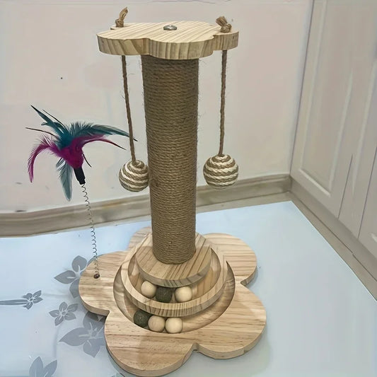 Solid Wood Cat Turntable Scratching Post with Teaser