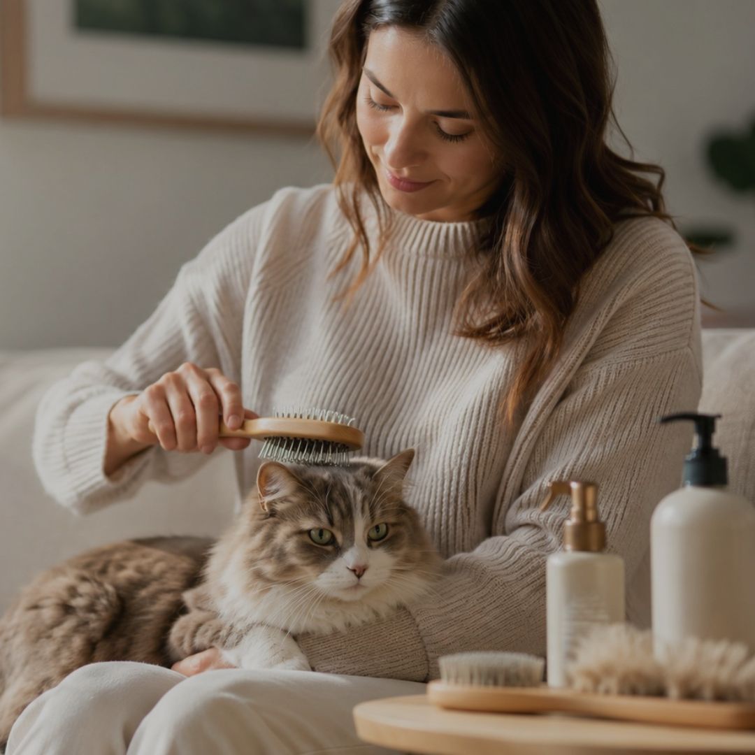 Woman brushing a cat on a couch with pet care products nearby