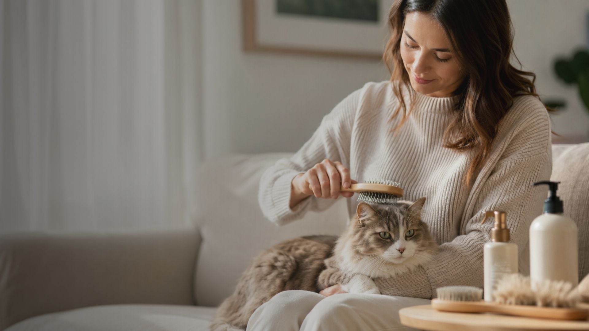 Woman brushing a cat on a couch with pet care products nearby