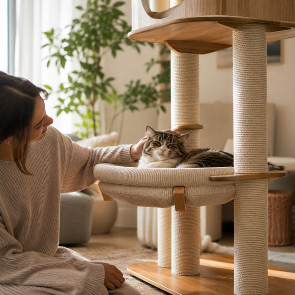 Woman petting a cat on a wooden cat tree in a cozy living room.