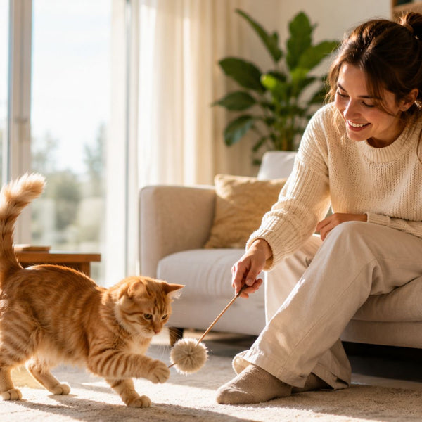 Woman playing with a cat using a wand toy in a cozy living room.