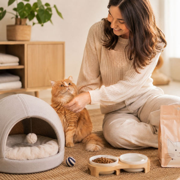 Woman sitting on the floor with an orange cat in a cozy living room.